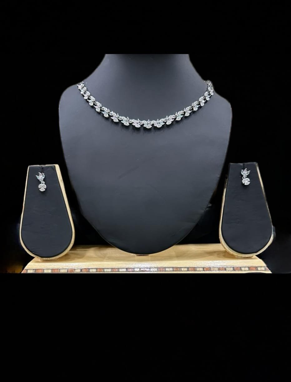 Rhodium Diamond Chain Necklace with Earring Set